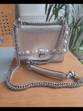 FENDI  Kan I  Metallic Silver Leather. Scallop Studded Trim, Silver Hardware